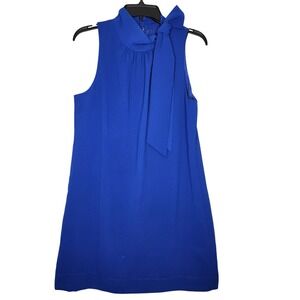 Ann Taylor Royal Blue Secretary Tie Neck‎ Mini Dress 10 Button Back Knee Length